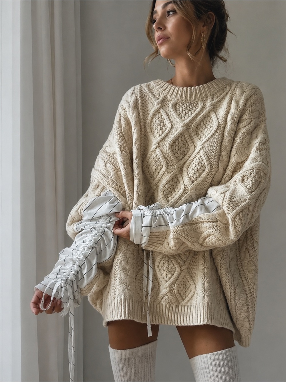 Storets Sadie Shirt Combo Knit Pullover Cream S/M Oversized Cable Knit Sweater